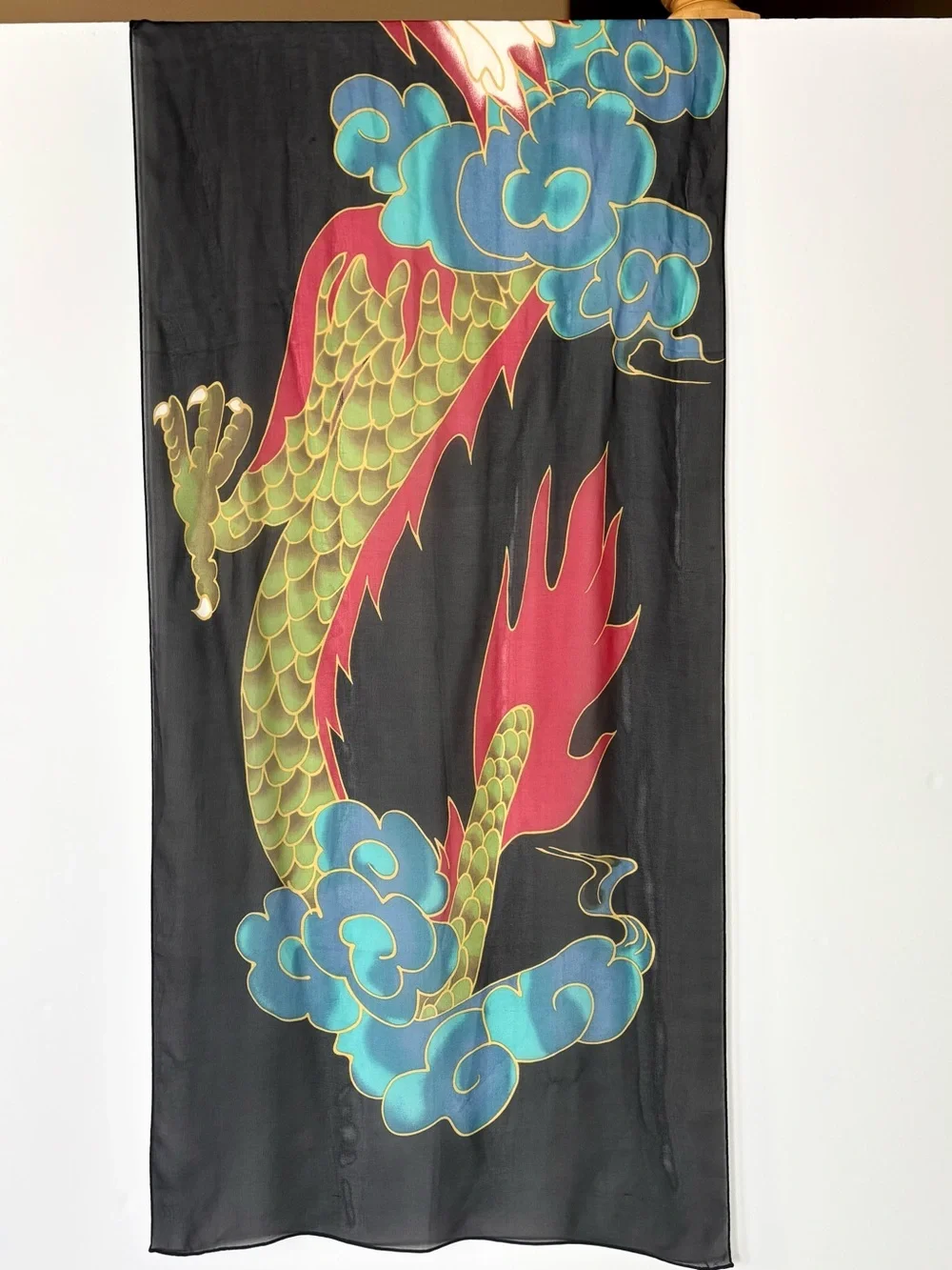 Dragon Motif East Asian Colorful‎ Hand Painted Lightweight Black Scarf 78”